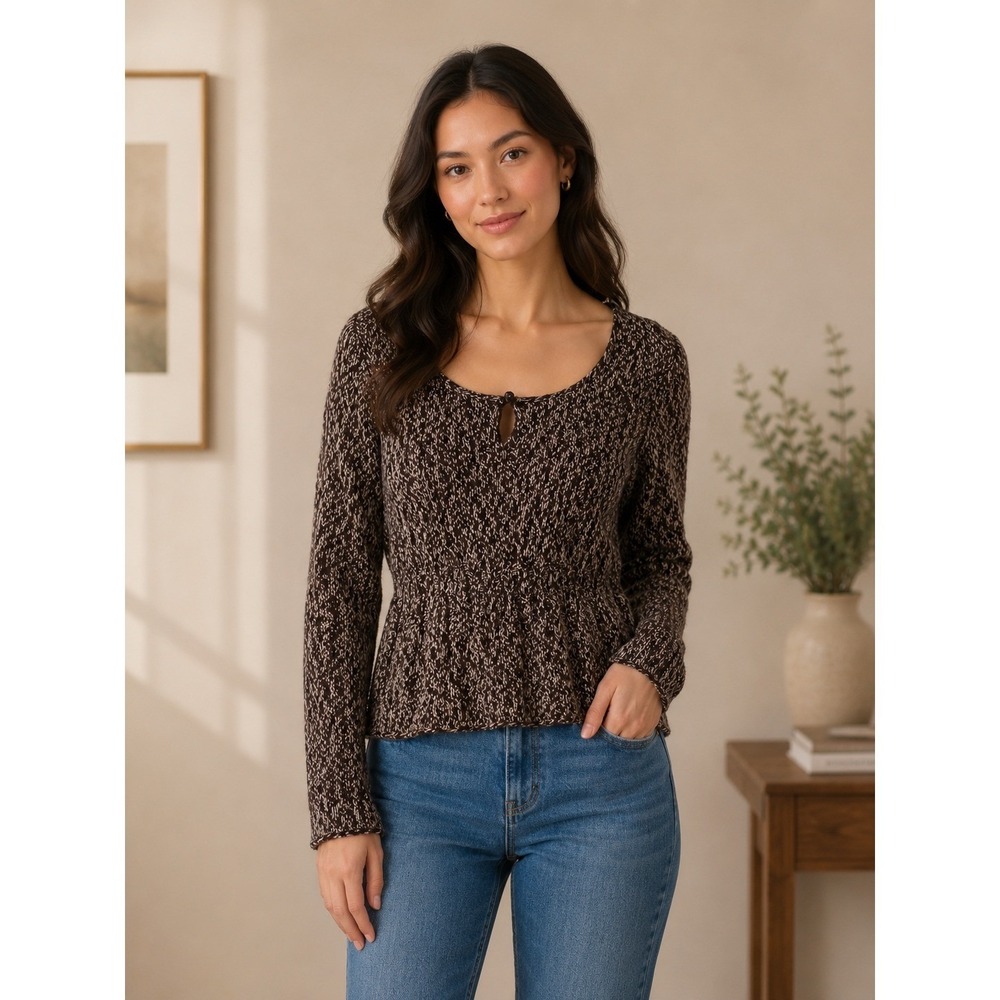 J.Crew Sweater Womens Medium Brown Marled 100% Merino Wool Tie Front Peplum Knit